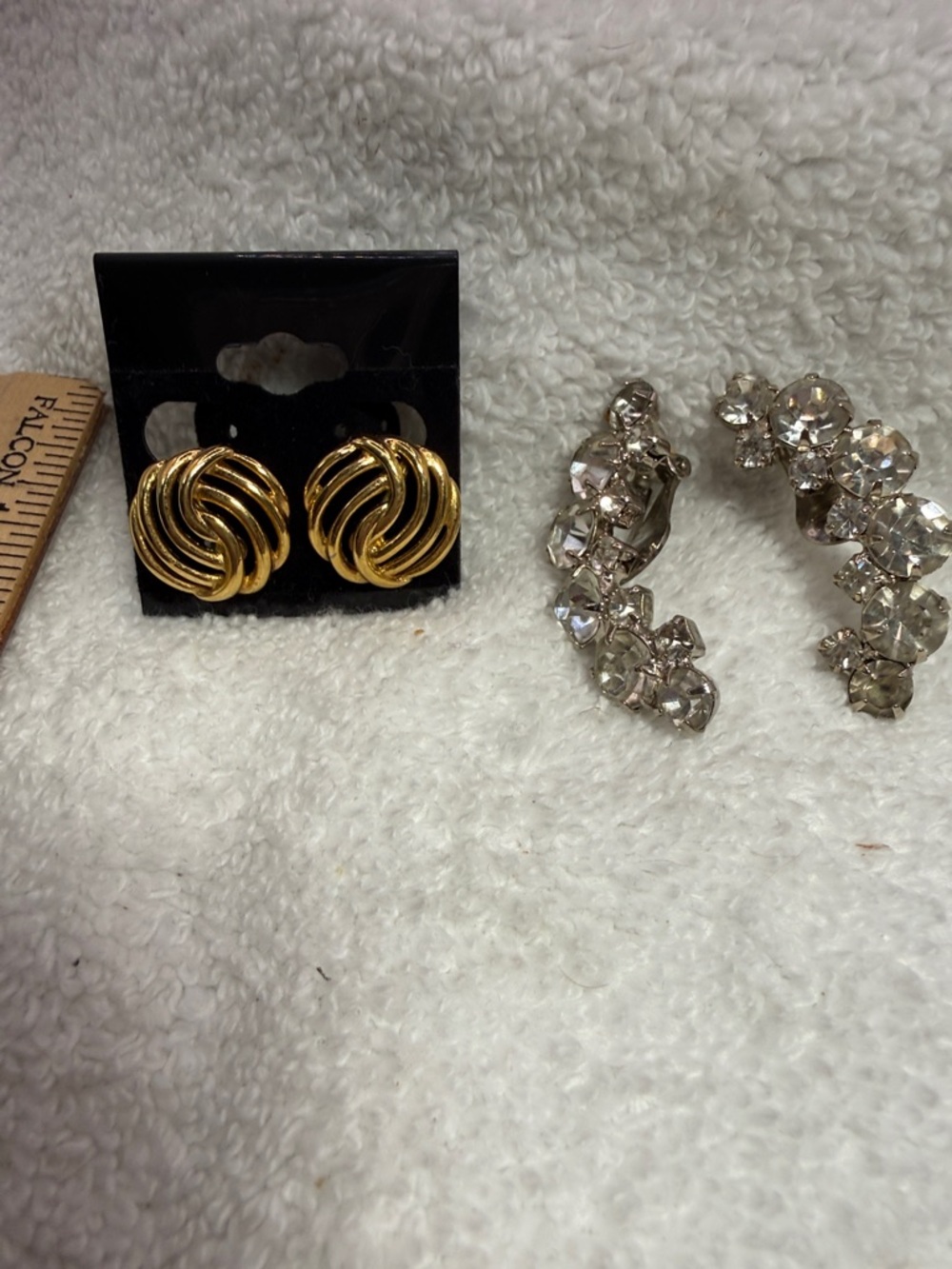 Monet Gold Tone Swirl Clip-On Earrings & Vtg. “Climber Half-Moon” Rhinestone